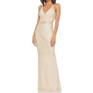 Mac Duggal Gold Lattice Beaded Strappy Open Back Sleeveless V-Neck Gown 5374